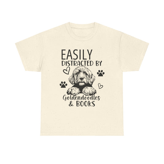 Goldendoodle & Books T-Shirt — "Easily Distracted by Goldendoodles & Books" Dog Lover Tee